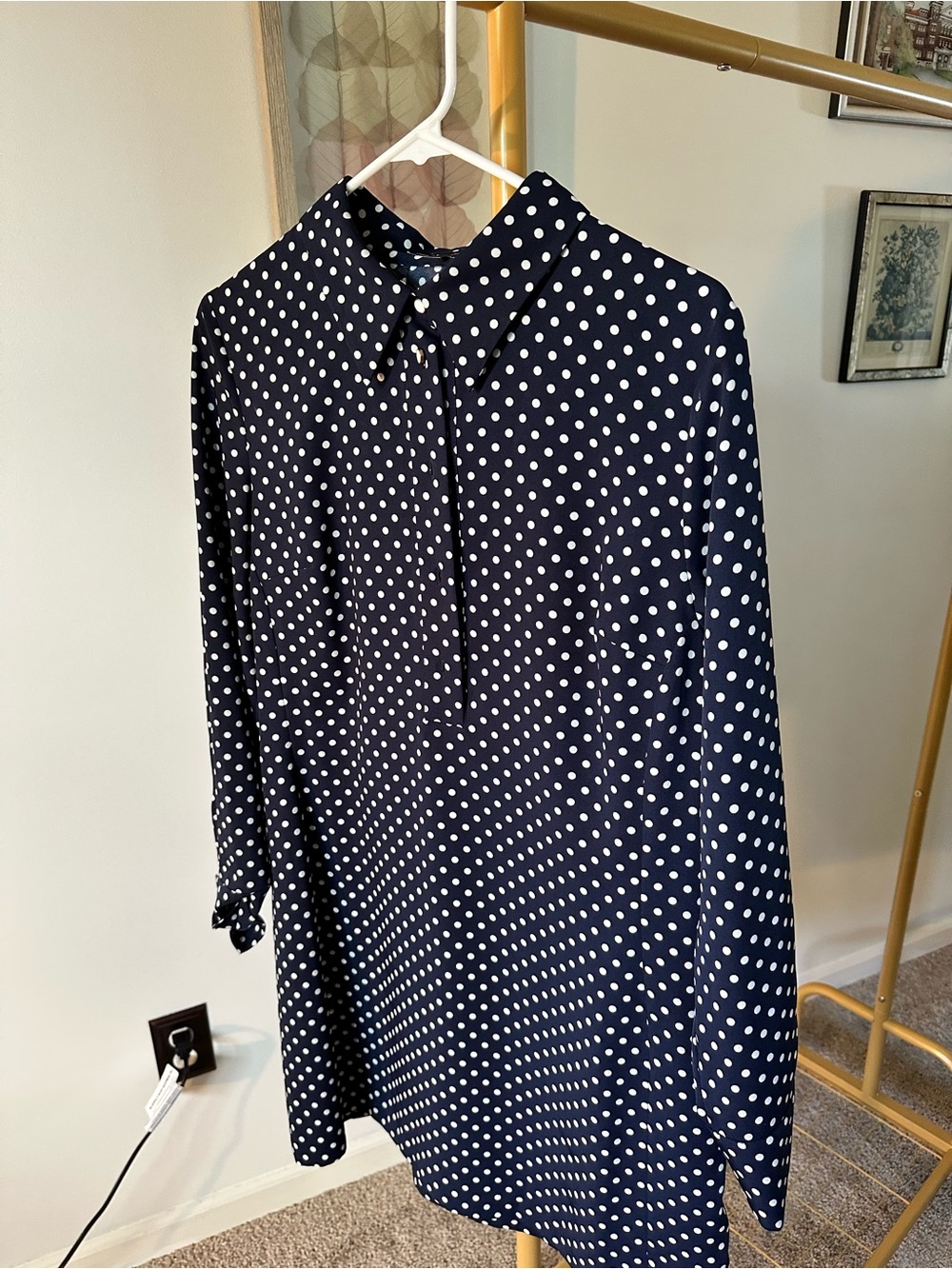 FLAWED - Zara Navy Polka Dot Long-Sleeve Shirt Mini Dress - Size L